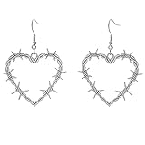 Zhang shine Silver Gothic Earrings Barbed Wire Thorn Heart Earrings Heavy Duty Padlock Dangle, Punk Thorns Heart Metal Mesh Earrings Halloween Jewelry for Women And Men