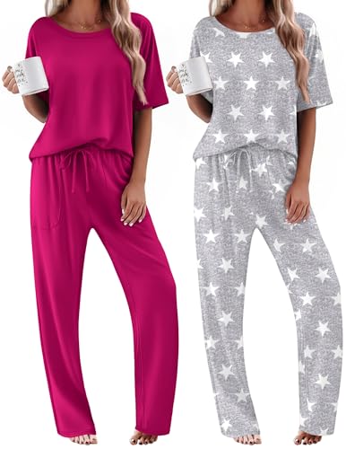 Image of Ekouaer 2 Pack Womens Pajamas Sets Short Sleeve Long Pants Pjs Lounge Set