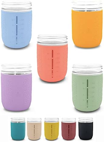 Minliving Silicone Mason Jar Sleeves Spring Summer Set | Anti-Slip Protectors for Wide Mouth 16oz Jelly Canning Jars | Cup Holders with Measurement Markings | Dishwasher Safe Jar Jackets - 5 Pack