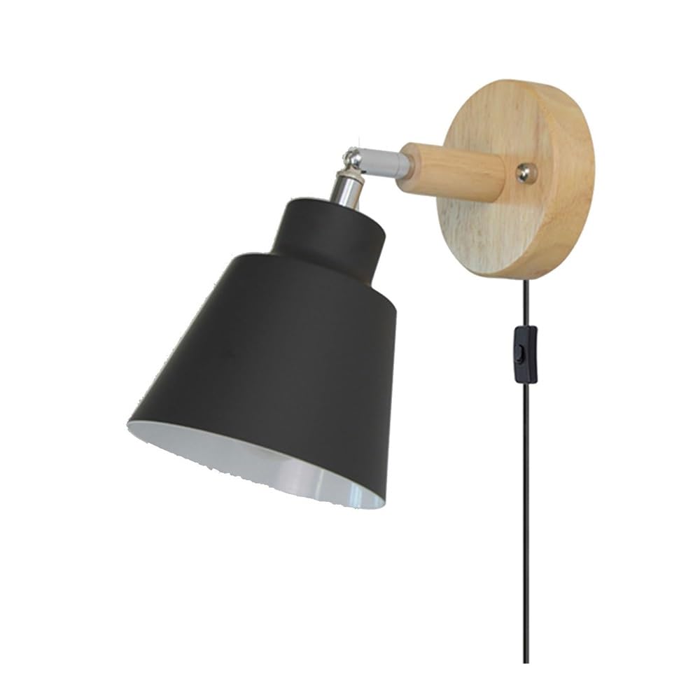 ZTKBH Nordic Minimalist Rotation Wall Lamp, Wood Metal Plug in Wall Sconces W/Switch Wall Mounted Lighting Fixture for Kids Bedroom Bedside Reading Living Room Corridor Hotel(Black)