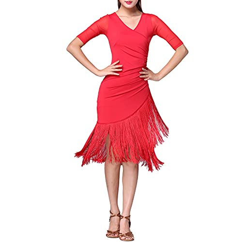Women Half Illusion Sleeve Keyhole Fringe Wrap Latin Rhythm Salsa Tango Cha-Cha-Cha Jive Merengue Dance Dresses Costumes Red