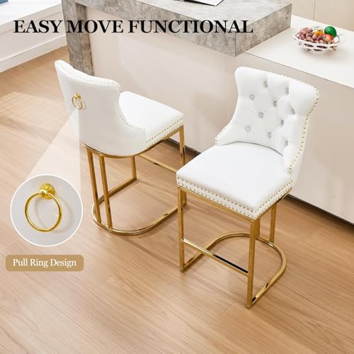 Image of UVV Counter Height Bar Stools Set of 2, 26 inch Modern Barstools with Back, Frbric Upholstery Counter Chairs with Metal Legs for Kitchen Island, Bar, Counter, White