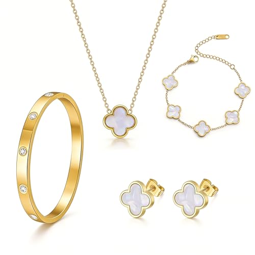 18K Vergoldet Vierblättriges Kleeblatt Armband,18K Vergoldet Vierblättriges Kleeblatt Anhänger Halskette, Gold Armband Cubic Zirkonia Armreif,4PCS Schmuck Set für Geschenke Geburtstags Valentinstag