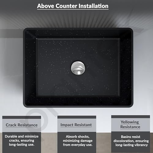Image of Plantex Table Top Basin for Bathroom /Quartz Rectangle Basin /Vessel Sink Over Counter for Home /Restaurant (Black, 18 x 13 x 5 Inch)