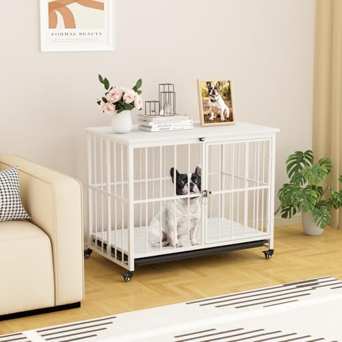 VOWNER-32-Inch-Heavy-Duty-Dog-Crate-Furniture-Decorative-Dog-Kennel-End-Table-Foldable-Wooden-Pet-House-Indoor-with-4-Lockable-Wheels-Double-Door-and-Removable-Tray-Design-for-Medium-Dogs-White VOWNER 32 Inch Heavy Duty Dog Crate Furniture Decorative Dog Kennel End Table Foldable Wooden Pet House Indoor with 4 Lockable Wheels Double Door and Removable Tray Design for Medium Dogs White
