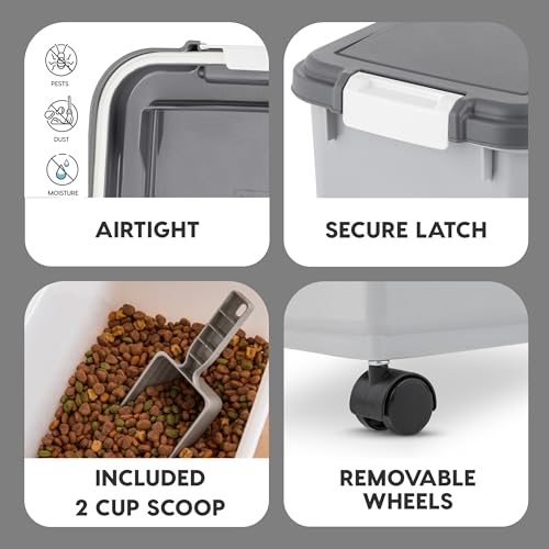 IRIS USA Dog Food Storage Container, 30 lbs & 11 lbs Combo, Cat Food Storage Container, Dog Treat Container, Airtight, Stackable, 2-Cup Scoop, Wheels, Easy Mobility, Gray - Image 5