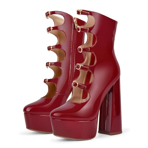 Rhineshell Women's Platform High Heels Side Zipper Adjustable Buckles Block Chunky Heel Faux Patent Leather Pumps Round Closed Toe Party Dress Hollow Out Ankle High Sandals Shoes Red by Rhineshell
