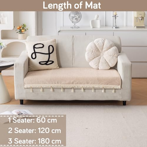 Image of HOKIPO 'Serenity Tassel' Chenille 2 Seater Sofa Cover with Tassel - Ivory Fringe (IN-891-BGE)