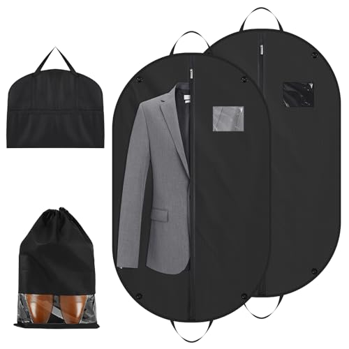Portatrajes Hombre Viaje, 2 Piezas Fundas Ropa Negro con Bolsa para Zapatos, 100x60cm Resistente al Desgaste Funda Traje Hombre, Bolsa de Traje con Cremallera, Fundas Ropa Armario