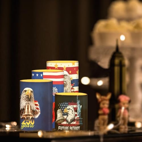 Image of 4 Pieces Flickering Flameless Candles American Flag Theme 250 Years Celebration of July 4th Independence Day LED Candles Battery Operated Color Changing Timer Remote Pillar Candles
