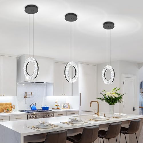 ykolupty Kitchen Island Mini Light Fixture 1-Light Modern Led Crystal Pendant Light Gold Ring Chandelier for Dining Room Living Room Kitchen Bedroom Bar