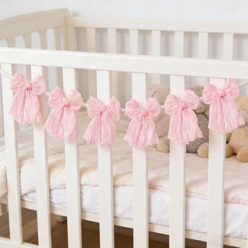 Image of MLMC Pink Bow Garland Banner Handmade Cheesecloth Bow Wreath Party Hanging Decorations for Baby Shower Birthday Wedding Bridal Shower Gender Reveal Party Decor