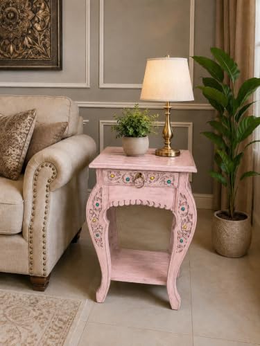 Image of Multipurpose Table Outdoor Indoor Stool Flower Vase Stool with One Drawer Material Mango Wood Size 30.5CM x 30.5CM x 53.3CM (Lite Pink Antique)