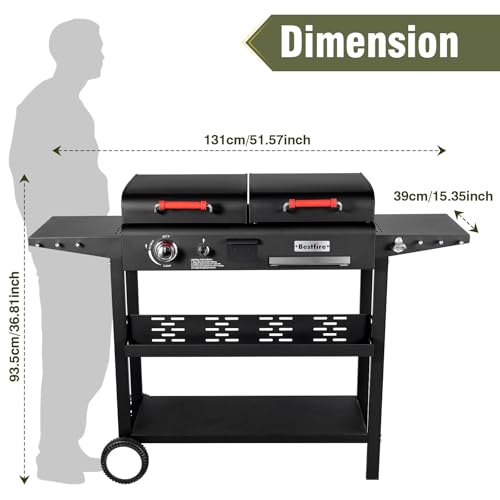 image for BESTFIRE Propane Gas Griddle Charcoal Grill Combo Flat Top Griddle W/D