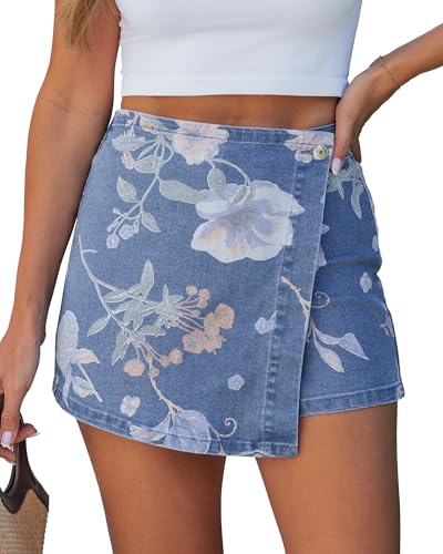 luvamia Womens Denim Skirt Denim Skirts for Women Jean Skirt Mini Shorts for Women Shorts Print Skort Medium Wash-Morning Glory Medium