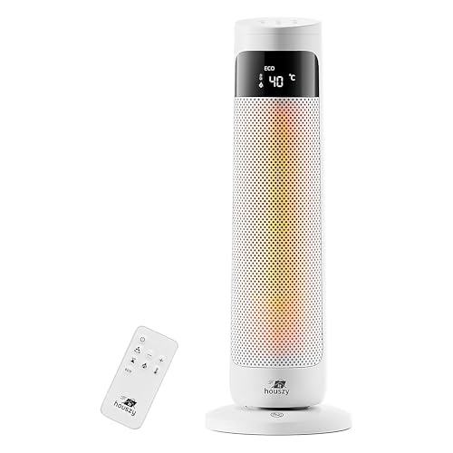 Houszy 2000W PTC Ceramic Tower Heater, Oscillating Fan Heater with Thermostat 15–40°C, 24H Timer, Remote Control, Touchscreen LED Display, 3 Modes (Fan/Low/High), Tip-Over & Overheat Protection