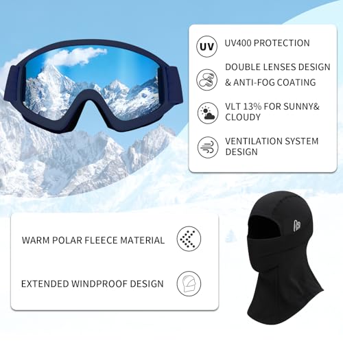 Casco Da Sci Con Occhiali Da Sci Passamontagna Casco Sci Per Uomo Donna Con Cuscinetti Auricolari Rimovibili Ventilazione Uv Ski Helmet Per Ski (Blu Opaco+Occhiali Da Sci + Passamontagna, L) - 7