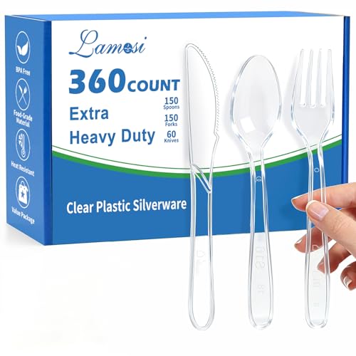 Image of Lamosi 360 Count Extra Heavy Duty Clear Plastic Silverware Set, 150 Forks, 150 Spoons, 60 Knives, Disposable Plastic Utensils Set, BPA-Free, Heat Resistant for Weddings, Parties & Events
