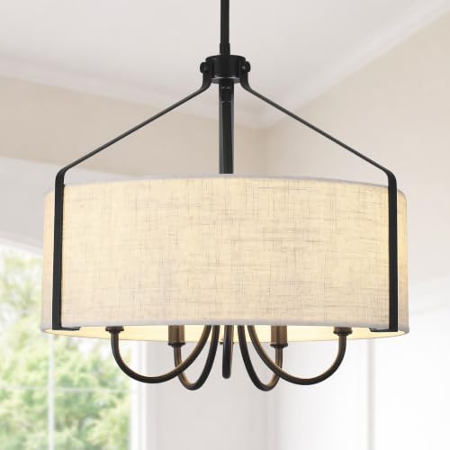 Drum Chandelier for Dining Room, 5-Light Modern Farmhouse Black Chandelier with Linen Drum Shade, 18" Round Hanging Pendant Ceiling Light Fixture for Kitchen Island Bedroom Living Room by Xurihuihuang - Used condition - CA$119.41