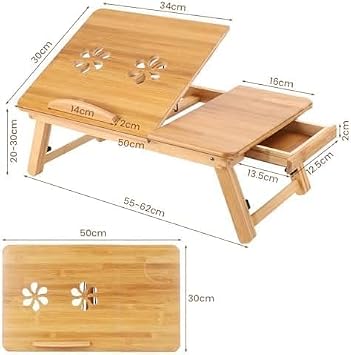 Bamboo Laptop Bed Table with Drawer - Foldable Bed Desk, Wooden Computer Stand for Home Office, Adjustable Height Tray with Anti-Slip Baffle, Natural