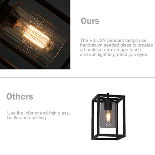 Viluxy Vintage Glass Pendant Light, Single Light Metal Cage Hanging Pendant Lighting, Black With Clear Seeded Glass Shade Classic For Farmhouse, Entryway, Dining Room, Kitchen Island, Foyer #TOP3