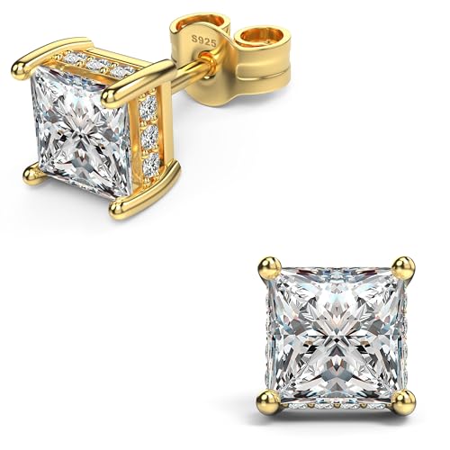 18K White Gold Plated Sterling Silver Princess Cut Cubic Zirconia Stud Earrings Square Simulated Diamond CZ Stud Earrings for Women Men Hypoallergenic (5MM, Gold)