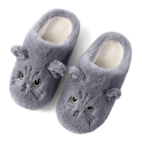 Puimentiua Mignon Chat Pantoufle Femme, Hiver Dessin Animé Chaussons Pantoufles Chat Femme Confortable AntidéRapant Chaussons Homme Fourrure Mules Pantoufles, Cendre,...