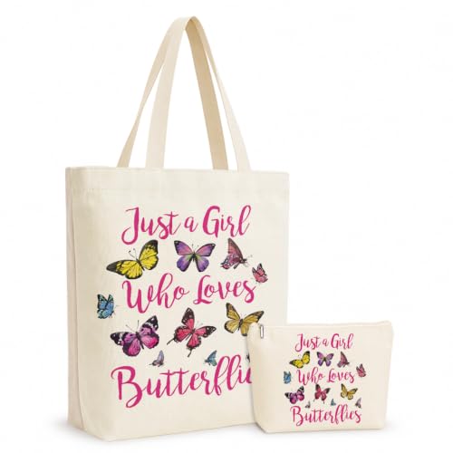 A Girl Loves Butterflies Butterfly Gifts for Women Funny Butterfly Stuff Accessories Canvas Tote Bag Makeup Cosmetic Bag for Sister Animal Lovers Friendship Graduation Birthday Weekender Christmas