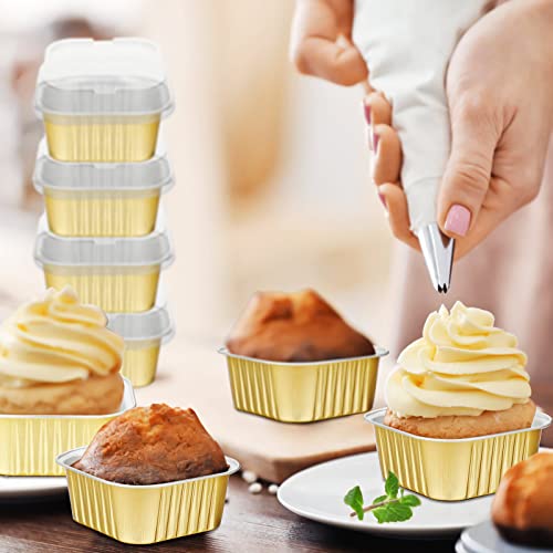 200 Pcs 5 Oz Aluminum Foil Baking Cups With Lids 150 Ml Foil Cupcake Containers Disposable Ramekins Mini Creme Brulee Pudding Cups Square Muffin Liners Flan Cups For Wedding Christmas Birthday Party #TOP6