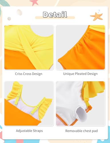 Image of Girls Swimsuit One Piece Ruffle Trim Swimwear Criss Cross Girls Bathing Suit for 6-14 Years