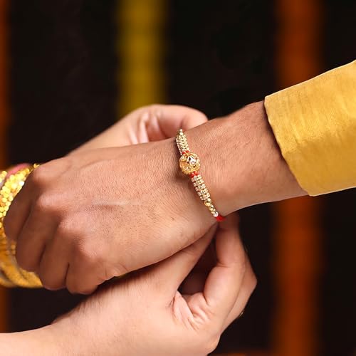 Image of Peora CZ Pearl & Crystals Studded Thread Rakhi for Brother Bhaiya | Combo Set of 3 | Raksha Bandhan Hamper with Roli Chawal & Greeting Card