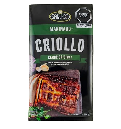 Adobo Criollo Natural Garlico – Marinado líquido sin conservantes (250g), sabor tradicional, listo para cocinar en bolsa, sin gluten, formulado en Perú