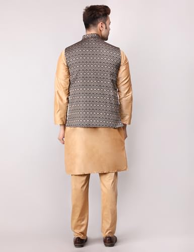 Image of Men's Cotton Silk Blend Regular Kurta Pyjama, Embroidered Nehru Jacket /Waistcoat Set