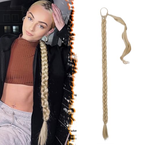 BARSDAR 34 Inch Long Braided Ponytail Extension - Wrap Around Blonde Braid Ponytail Hair Extensions with Hair Tie - Synthetic Pony Tails Hairpieces for Women - Blonde Mixed