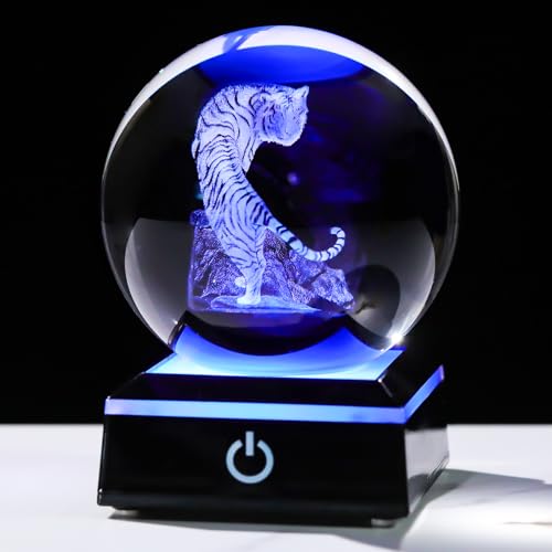 Image of Arikyrist 3D Tiger Crystal Ball Figurine with Colorful Light Base, Tiger Gifts for Women Men on Christmas Birthday, Laser Engraved Tiger Collectible Globe Glass Decorative Ball for Home Office (80mm)