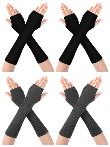 Bememo 4 Pairs Punk Gothic Long Fingerless Gloves Knitted Arm Warmer Elbow Length Thumb Hole Gloves (Black,Grey Color)