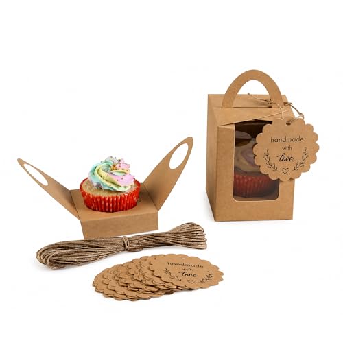 Image of mudrit Kraft Cupcake Boxes (Pack Of 50, Single Cupcake Carrier With Window, Insert And Handle For Pastry, Muffins, Cookies, Macaroons, Bakery | Party Favor Packing (Cardboard, Brown)