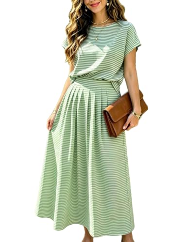 Image of Zontroldy Women's Summer 2 Piece Outfits Striped Skirt Sets Cap Sleeve Crop Top Midi Dress Matching Travel Outfits