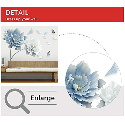 Rofarso 49.2'' X 30.7'' 3D Blue Flowers Butterflies Wall Stickers Vinyl Removable Large Wall Decals Art Decorations Decor For Bedroom Living Room Office Study Room Murals #TOP2