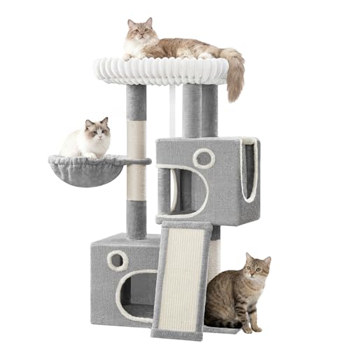 Hzuaneri Arbre a Chat, Petit Arbre à Chat de 98 cm, Spacieux et Stable, avec Grande Plateforme Souple, Pompons, Panier, Griffoir et Planche à Gratter, Gris...