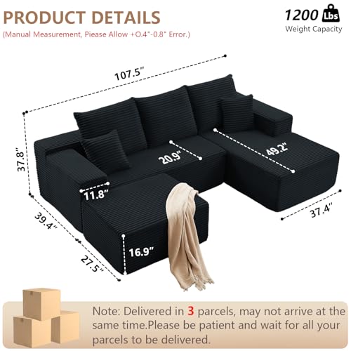 Image of 107 inch Modular Sectional Sofa with Ottoman, Modern Corduroy Cloud Couch with Deep Seat, Boneless Couch Upholstered 3-Seater U-Shaped Sofa for Living Room, No Assembly (Black, Right-Facing Chaise)