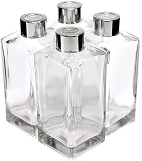 Frandy House - Diffusore di bottiglie in vetro con vetro cuboidale con tappi argentati, set da 4 – 14 cm di altezza, 250 ml 239,6 ml, accessori profumati per uso fai da te