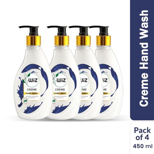 Image of Wiz Creme Handwash Liquid Soap Dispenser Bottle - 450ml (Pack of 4)| Germ Protection | Hand Wash with Added pH-Balanced & Moisturizers for Soft & Gentle Hands | Suitable for all Skin Types