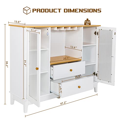 Luckwind Buffet Sideboard Storage Cabinet, Kitchen Storage Cabinet Cabinet Buffet Server With Glass Doors & Drawers, Console Table For Dining Room Living Room And Entryway, 47" White #TOP1