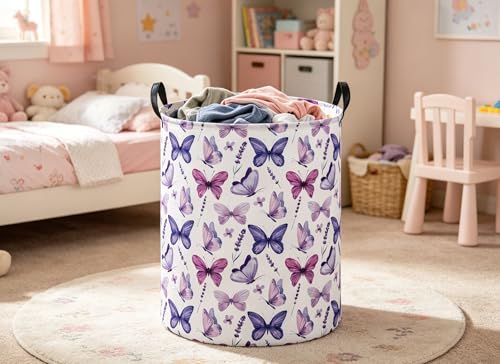 Image of Butterfly Laundry Basket for Nursery Cute Storage Bin Organizer Room Decor for Home(Purple Butterfly)