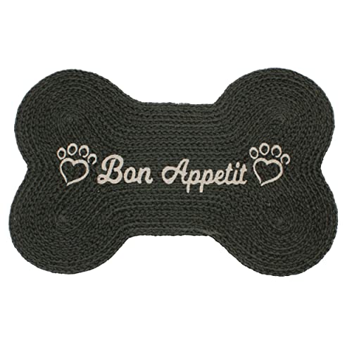 Decorative Dog Feeding Mat/Rug For Bowl Natural Cotton Easy Clean Bon Appetit Bone Shaped 15" X 23" Charcoal #TOP7