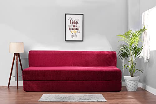 Image of Convertible Fabric Sofa Cum Bed | Foldable Double Foam & Washable Cover with Cushions | Modern Design Use Living Room & Guest Room (Maroon-Multi-Square, 6X6 Ft)