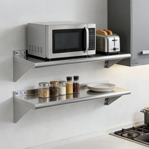 Image of Hally Stainless Steel Shelf Wall Mounted Metal Shelf Wall Shelf 10 x 48 NSF Heavy Duty 345 lb Capacity, Commercial Wall Mounted Storage Rack for Kitchen, Garage, Laundry Room 2 Pack