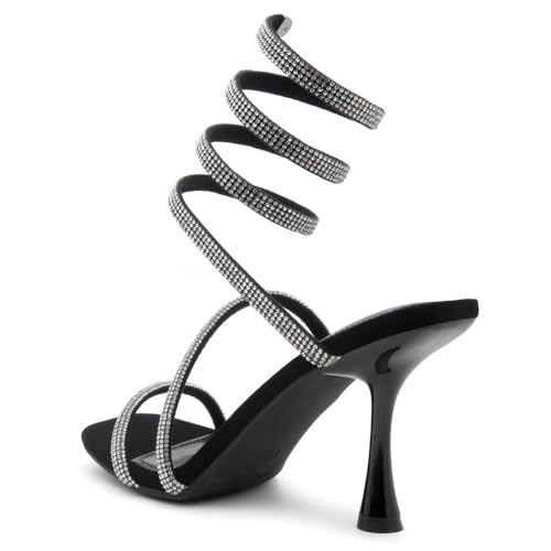 Shoe Land Charming2 Women's Rhinestone Heels, Square Open Toe High Stilettos with Spiral Ankle Wrap Strap – Coil Spiral High Heeled Crystal Dress Sandals for Party4