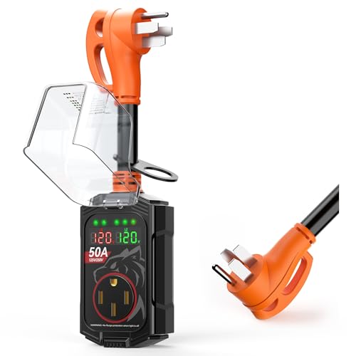 Vehiker 𝟏𝟖𝟎𝟎𝟎 𝐉𝐨𝐮𝐥𝐞𝐬-RV Surge Protector 50 Amp, RV Power Surge Voltage Protection, RV Adapter Plug for Camper, Circuit Analyzer for Travel Trailers with Dual-Monitor Display(Orange)